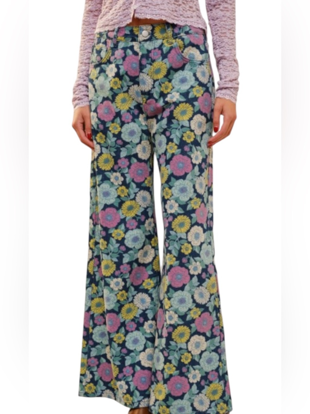 Blue B. Floral Blue Multi Boho Relaxed Straight/Wide Leg Denim